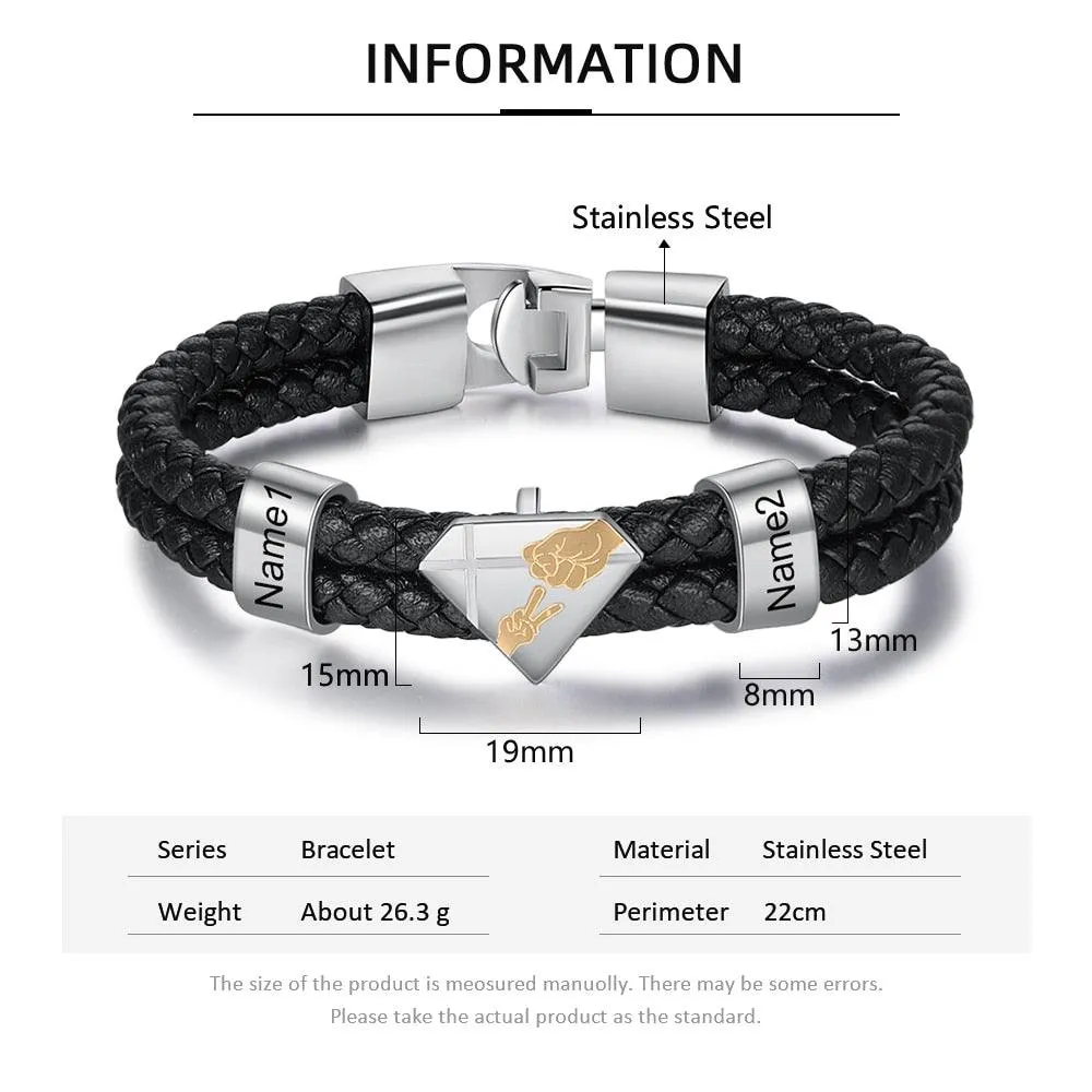 Customized Braided Leather Bracelet Personalized Father Kids Name Engraved Black Leather Bracelet