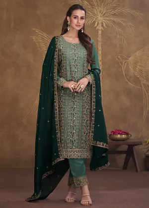 Dreamy Dark Green Embroidered Art Silk Festive Pant Style Suit