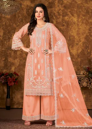 Elegant Peach Cording Embroidered Net Palazzo Suit