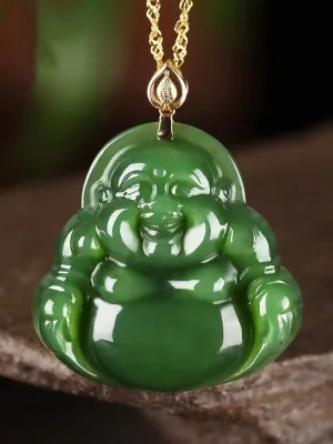 Emerald Green Natural Jadeite Jade Laughing Buddha「Happiness」Pendant Necklace for Men and Women