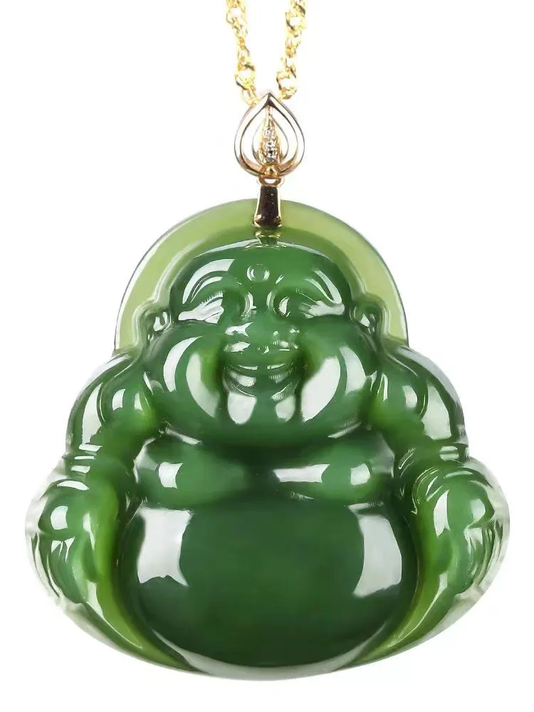 Emerald Green Natural Jadeite Jade Laughing Buddha「Happiness」Pendant Necklace for Men and Women