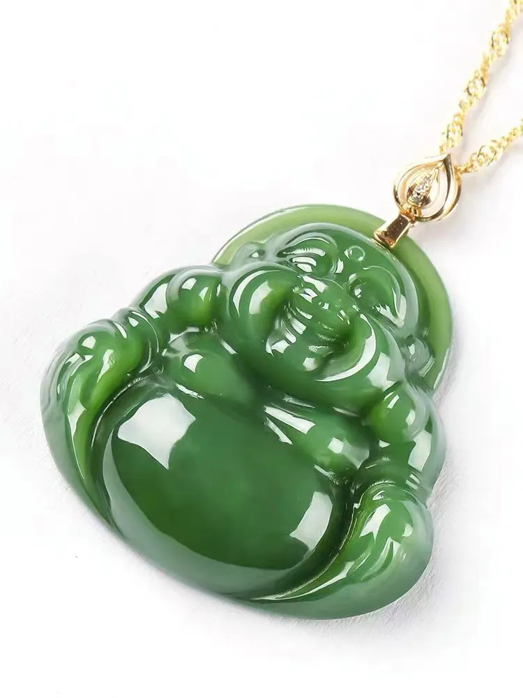 Emerald Green Natural Jadeite Jade Laughing Buddha「Happiness」Pendant Necklace for Men and Women