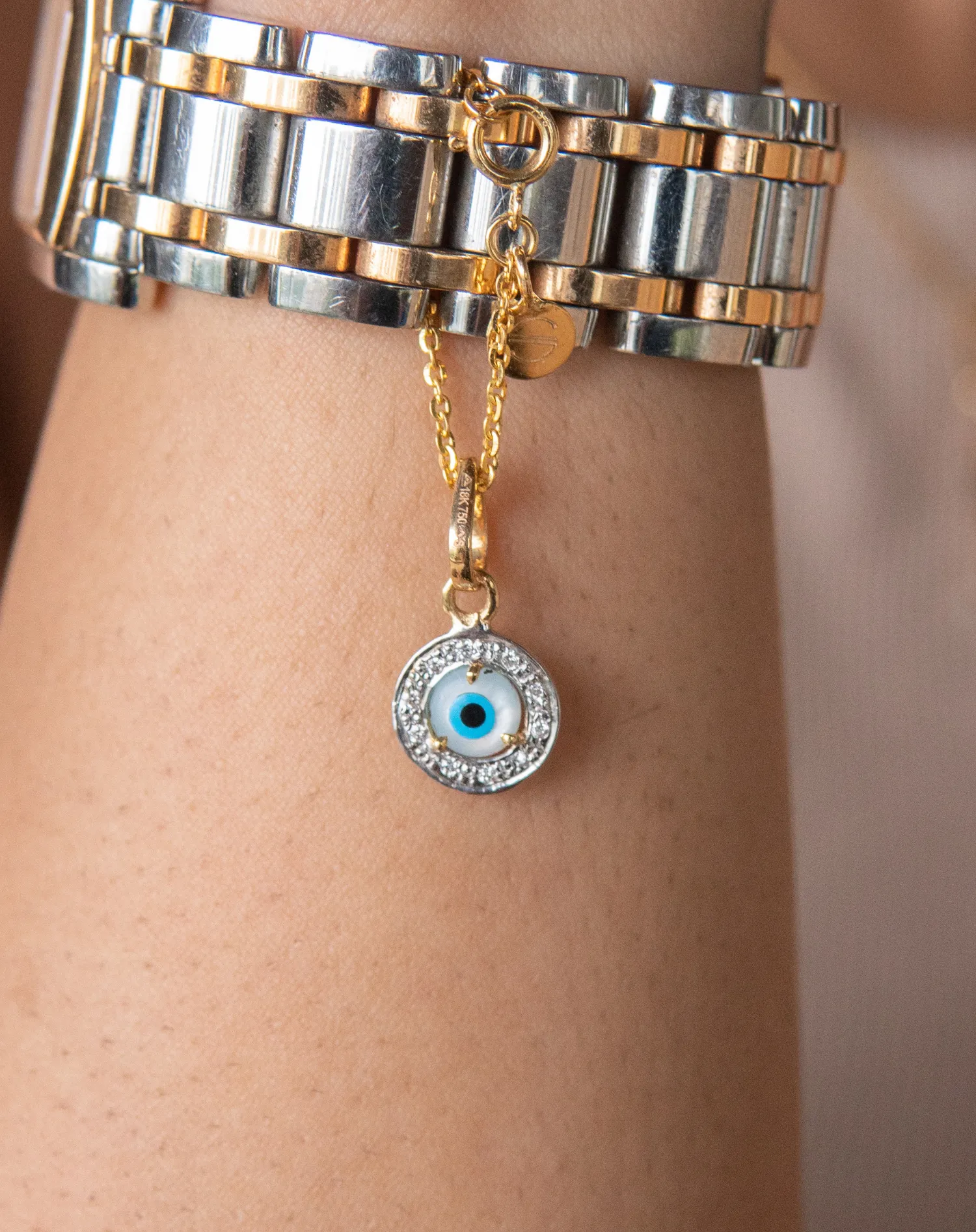 Evil Eye Charm Pendant - Round with Diamonds Small