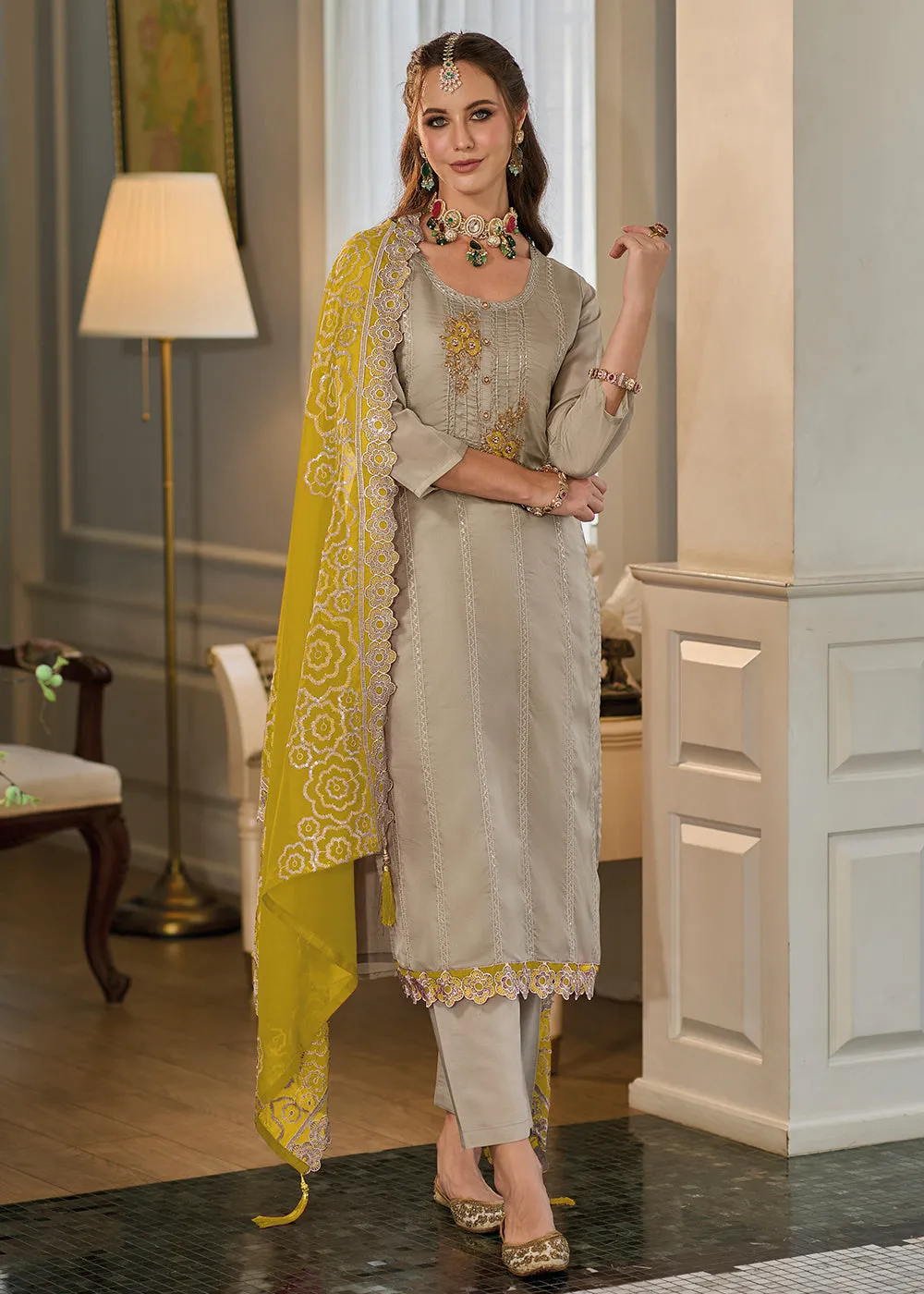 Exclusive Beige Soft Organza Embroidered Eid Wear Salwar Suit