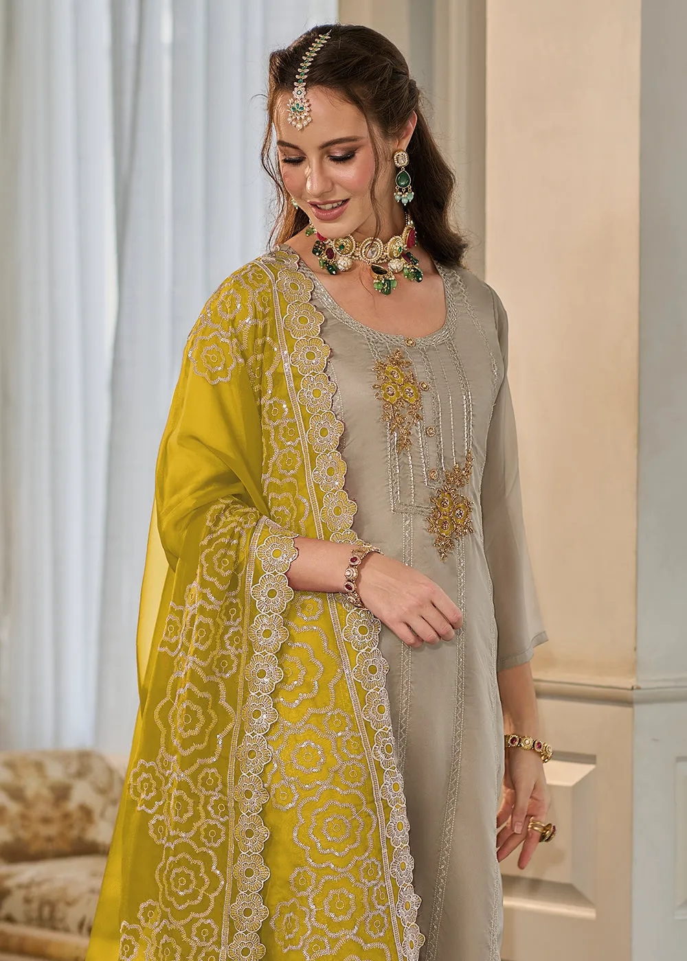 Exclusive Beige Soft Organza Embroidered Eid Wear Salwar Suit