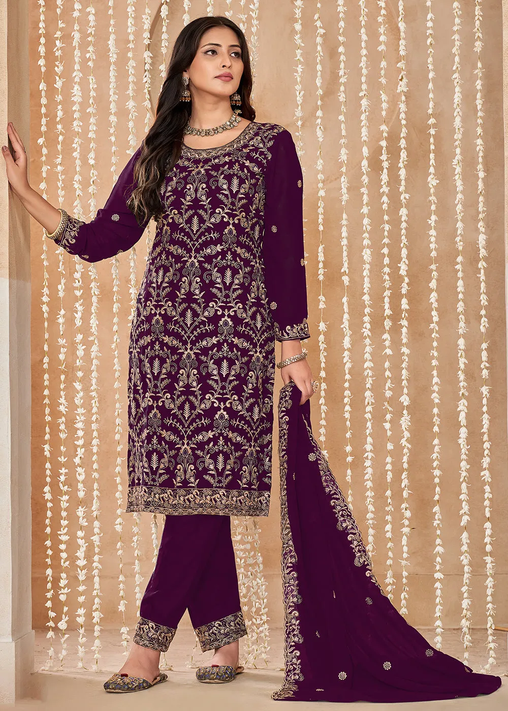 Festive Style Purple Zari Embroidered Salwar Suit