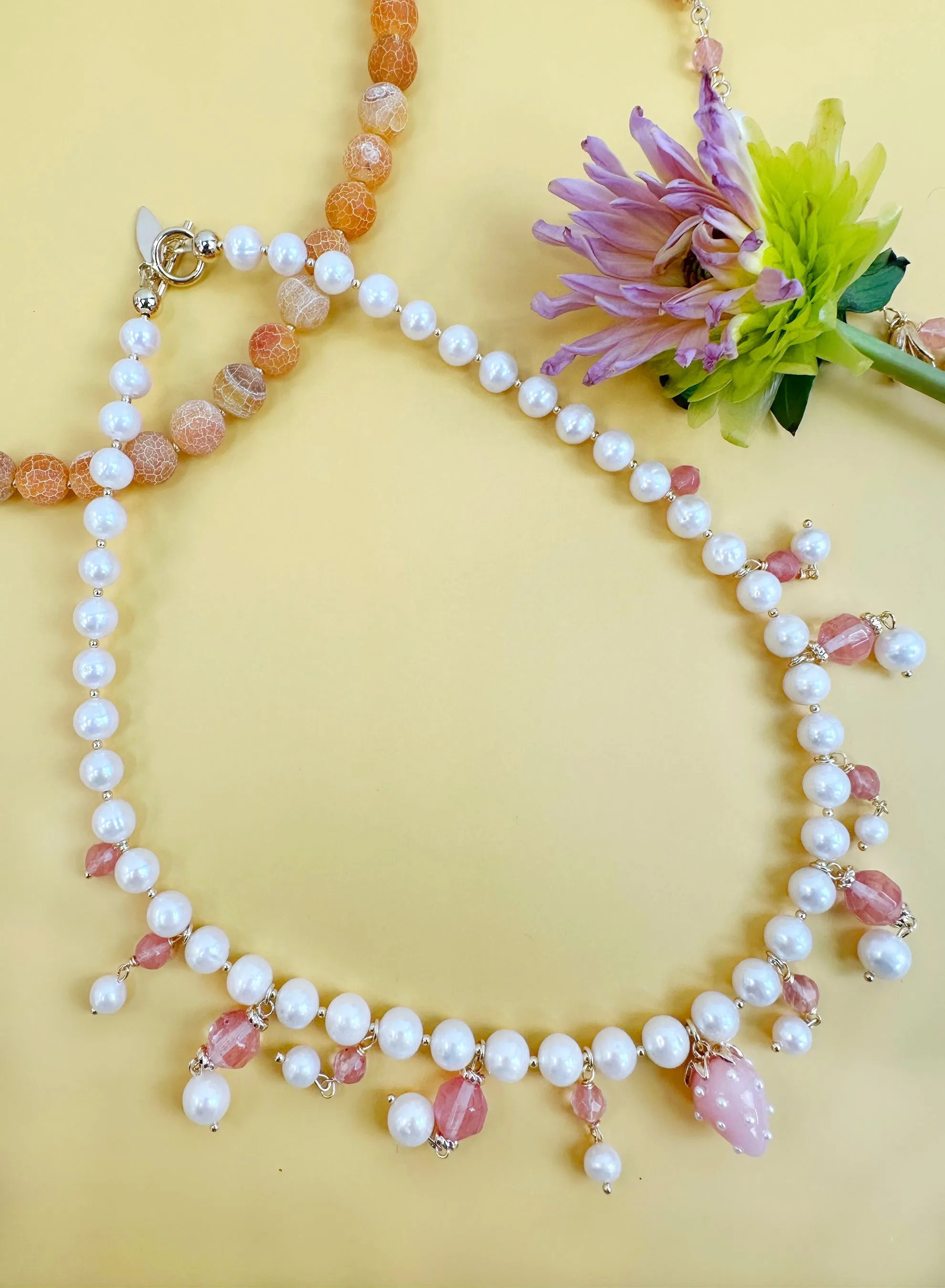 Freshwater Pearls With Watermelon Quartz Statement Necklace JN012