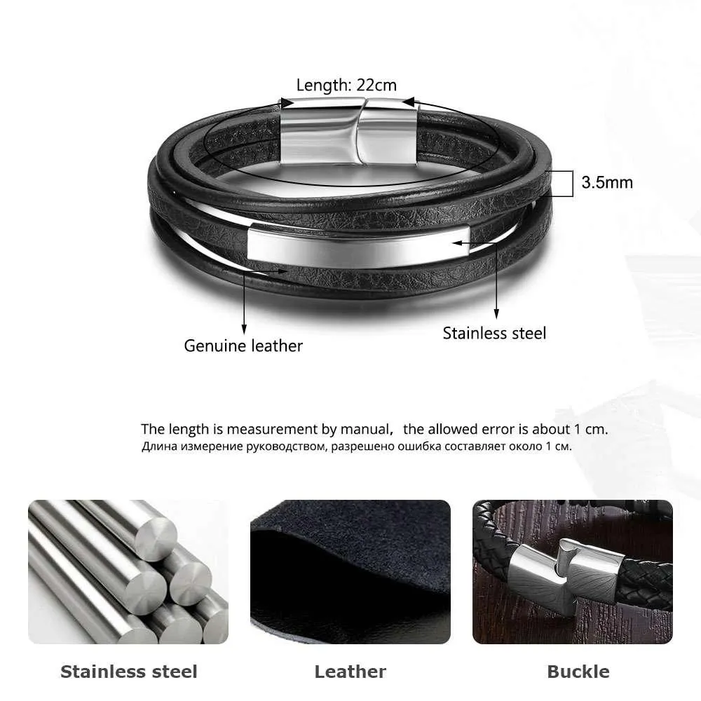 Genuine Leather Stainless Steel Stylish Bracelets for Men, Multiple Layer Wristband