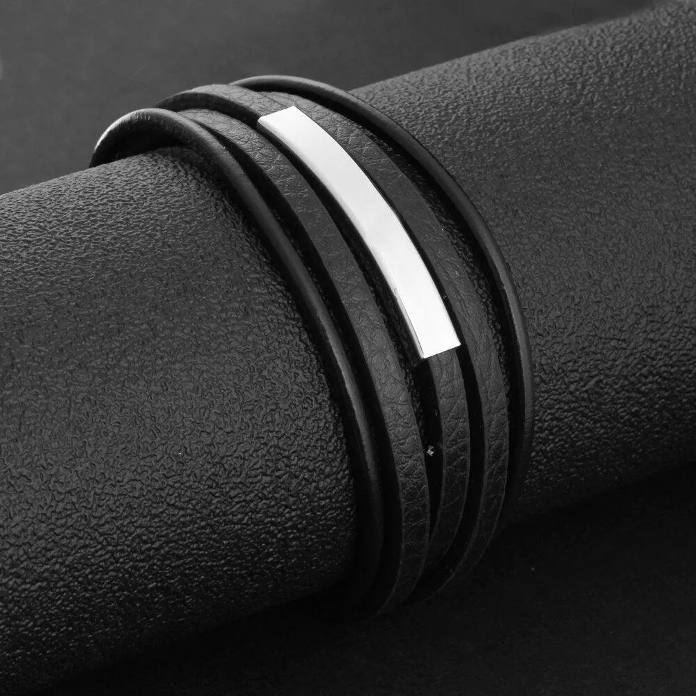 Genuine Leather Stainless Steel Stylish Bracelets for Men, Multiple Layer Wristband