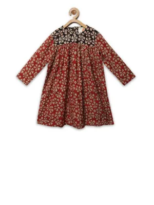 Girls Red Floral Hand Block Printed A Line Cotton Dress