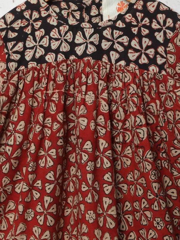 Girls Red Floral Hand Block Printed A Line Cotton Dress