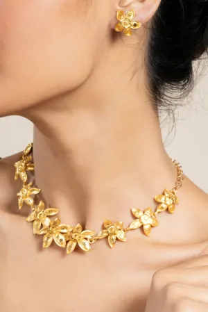 Gold Plated Floral Choker Necklace Set with Matching Stud Earrings – Exclusive Copper Jewelry