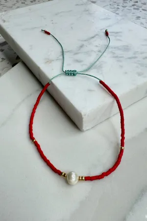 Handmade Freshwater Pearl Bracelet - Red/White