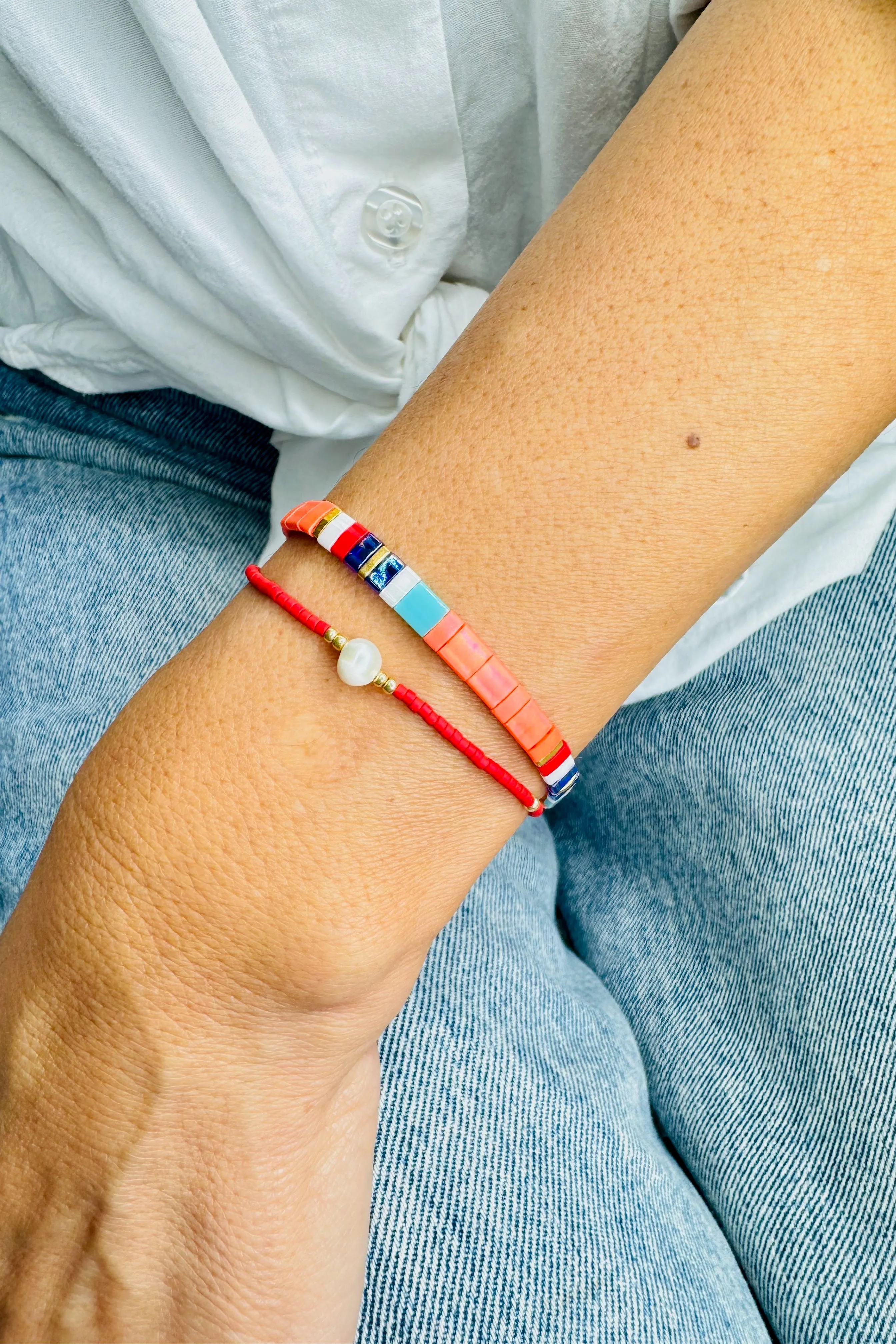 Handmade Freshwater Pearl Bracelet - Red/White