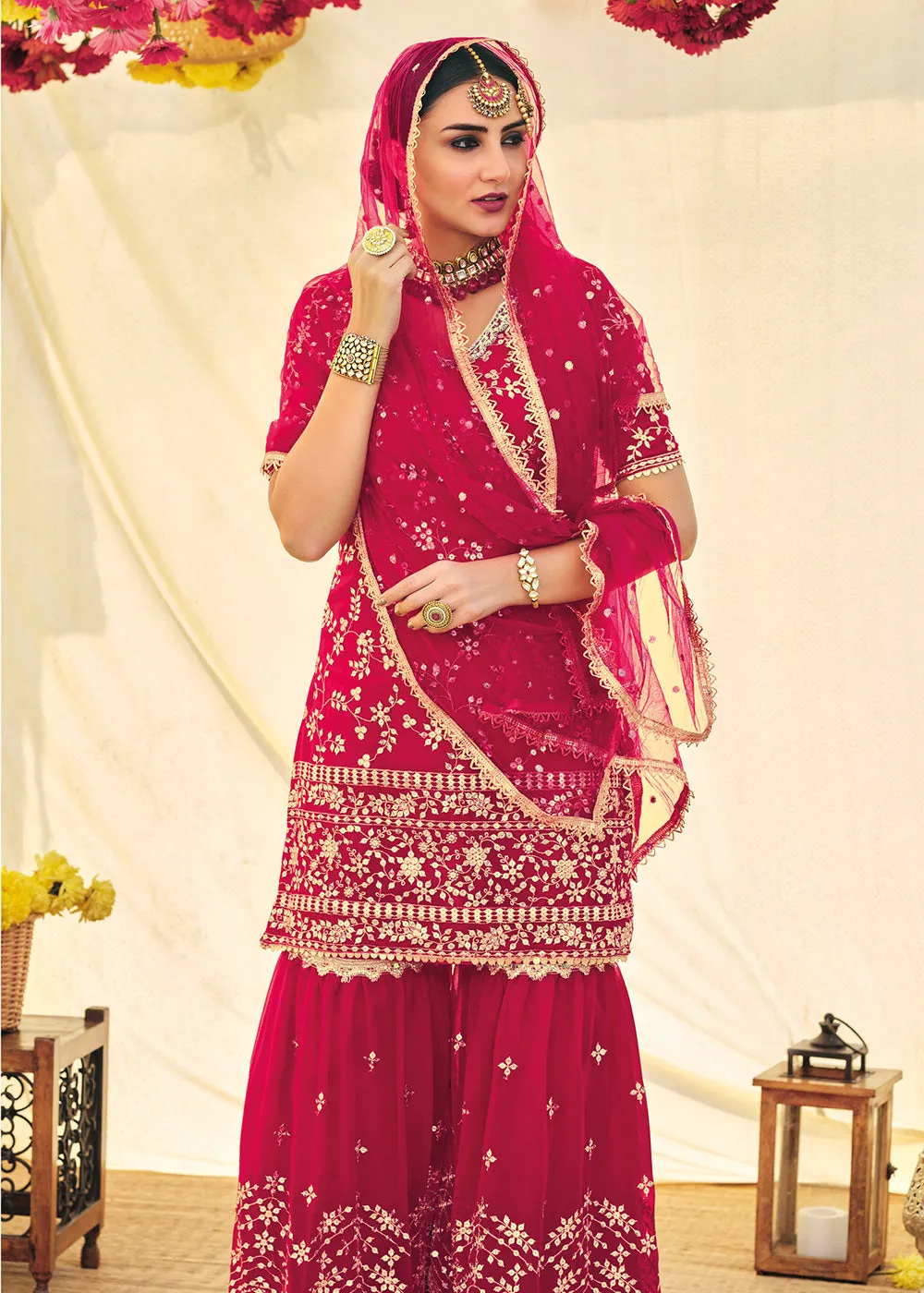 Hot Pink Zari & Mirror Embroidered Festive Sharara Suit