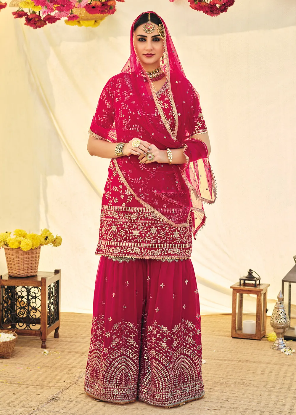 Hot Pink Zari & Mirror Embroidered Festive Sharara Suit