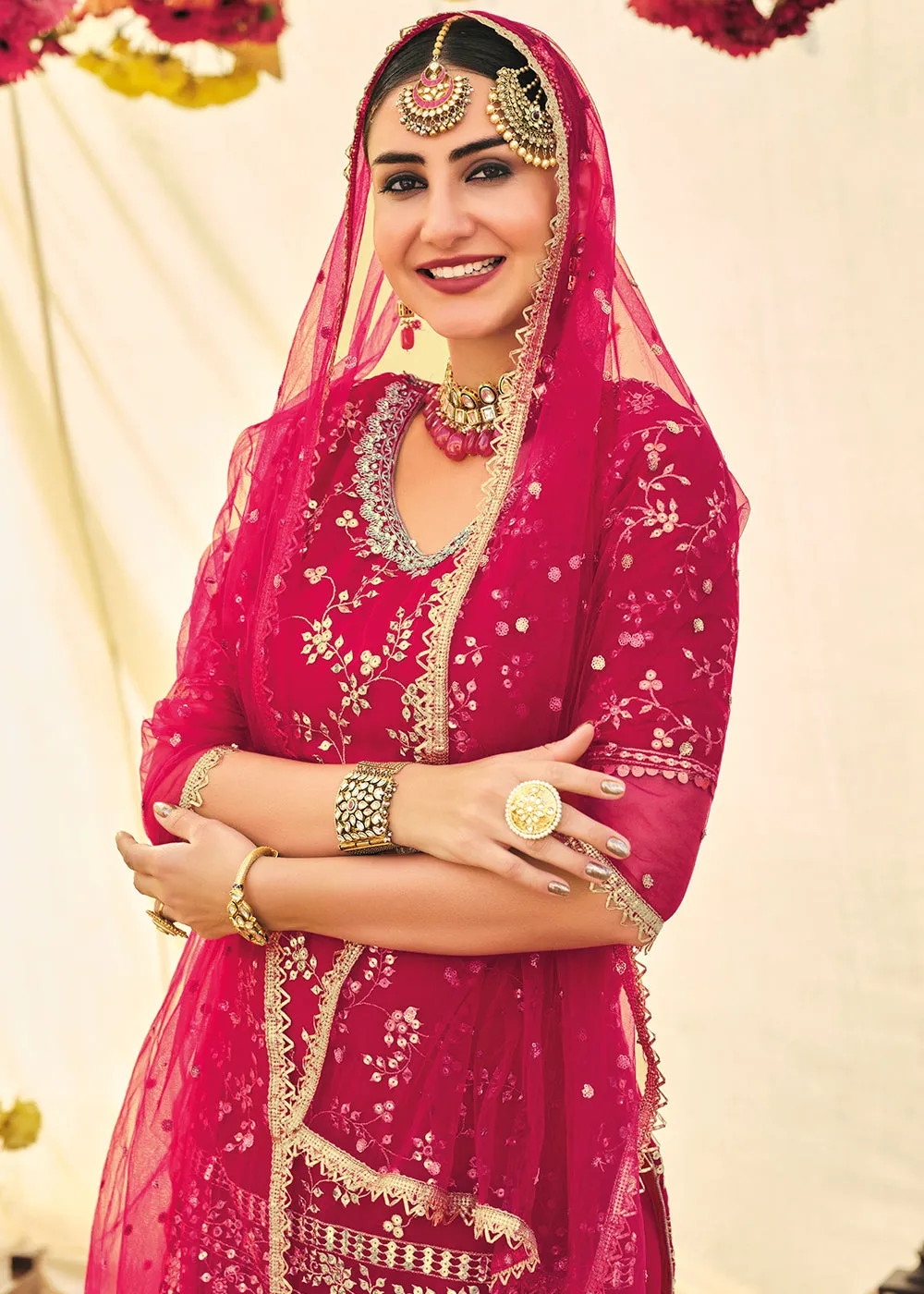 Hot Pink Zari & Mirror Embroidered Festive Sharara Suit