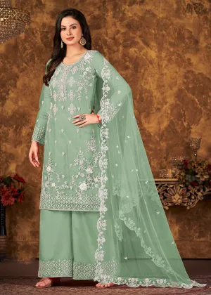 Lovely Sea Green Cording Embroidered Net Palazzo Suit