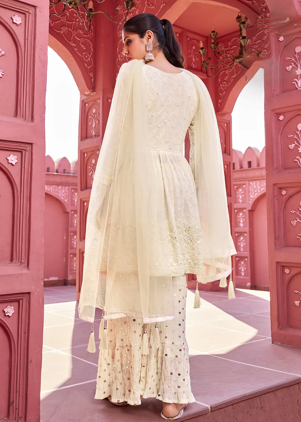 Majestic Off White Embroidered Eid Style Palazzo Suit