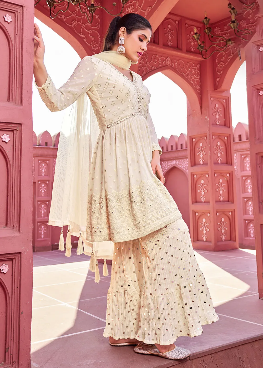 Majestic Off White Embroidered Eid Style Palazzo Suit