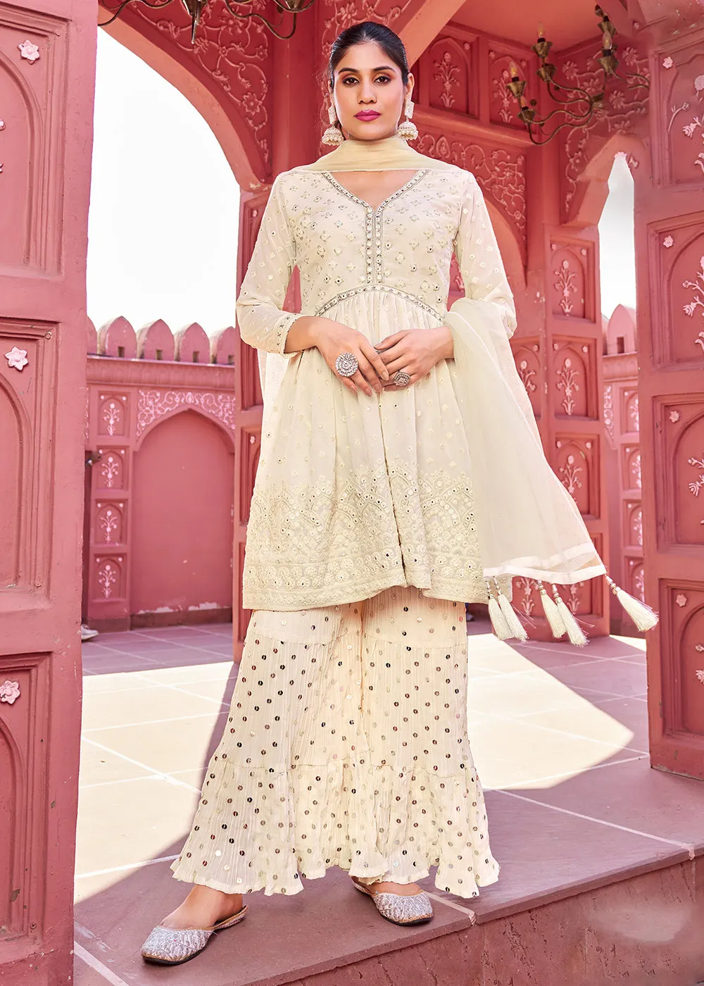 Majestic Off White Embroidered Eid Style Palazzo Suit