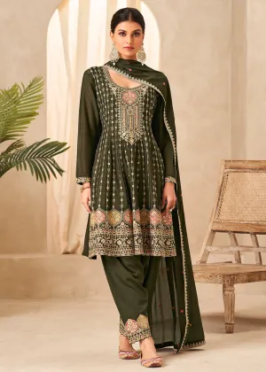 Mehndi Green Heavy Chinnon Wedding Festive Salwar Suit