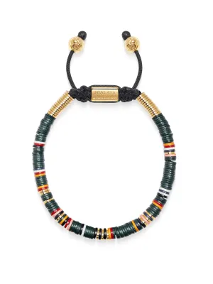 Men's Beaded Bracelet with Dark Green and Gold Disc Beads