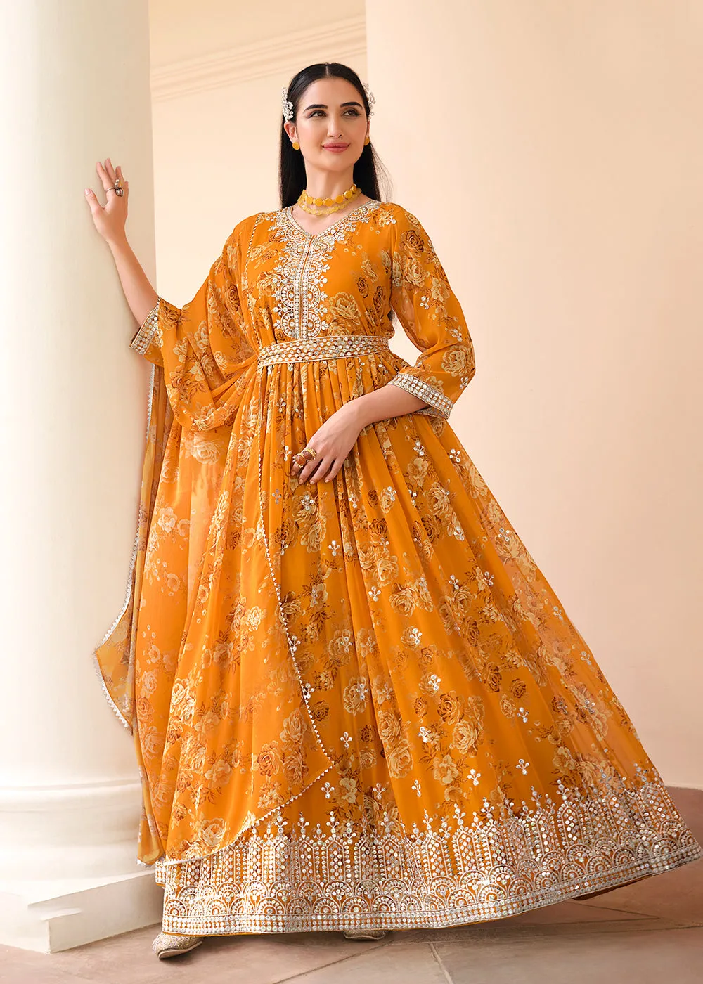 Mustard Floral Digital Printed & Embroidered Festive Anarkali Gown