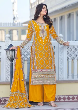 Palazzo Style Yellow Chinnon Embroidered Salwar Suit