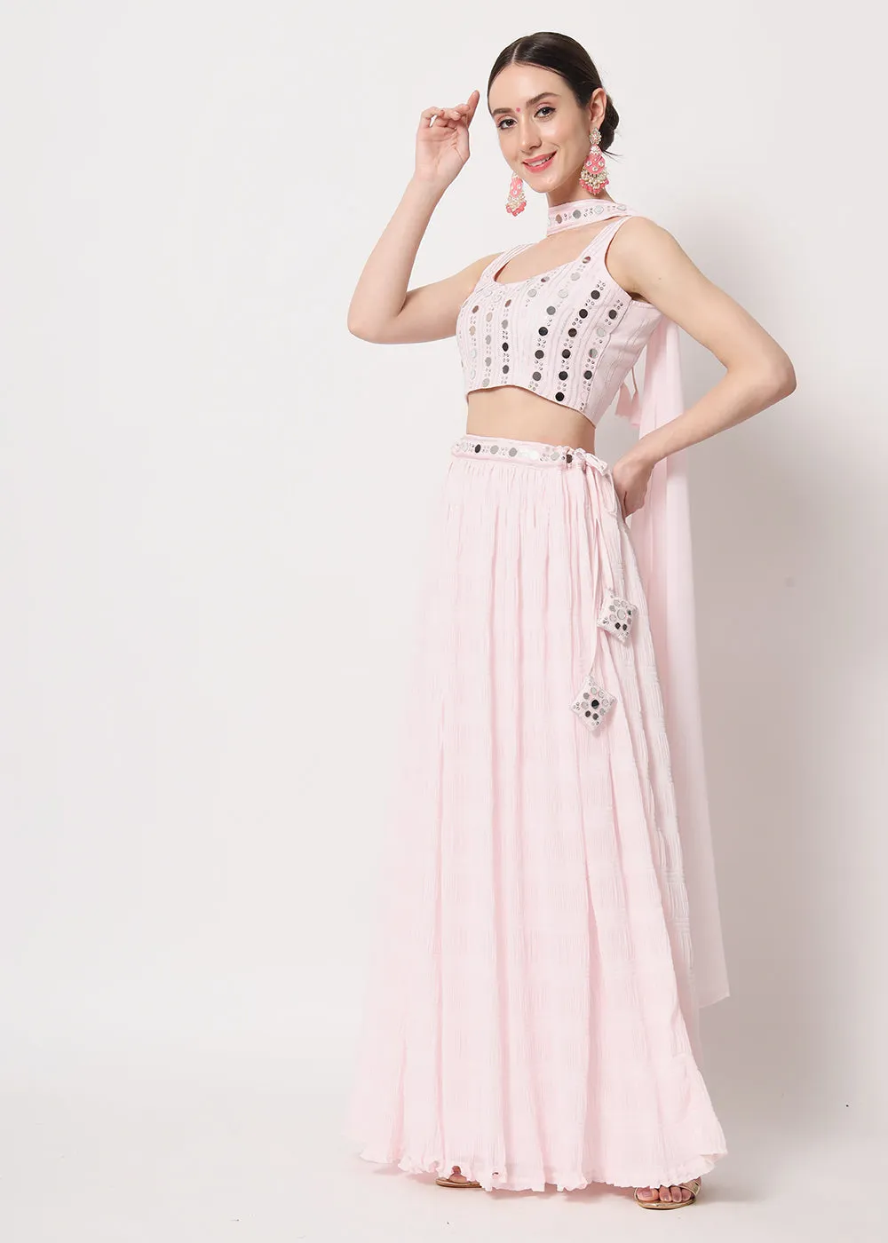 Party Wear Elegant Baby Pink Georgette Crushed Lehenga Choli