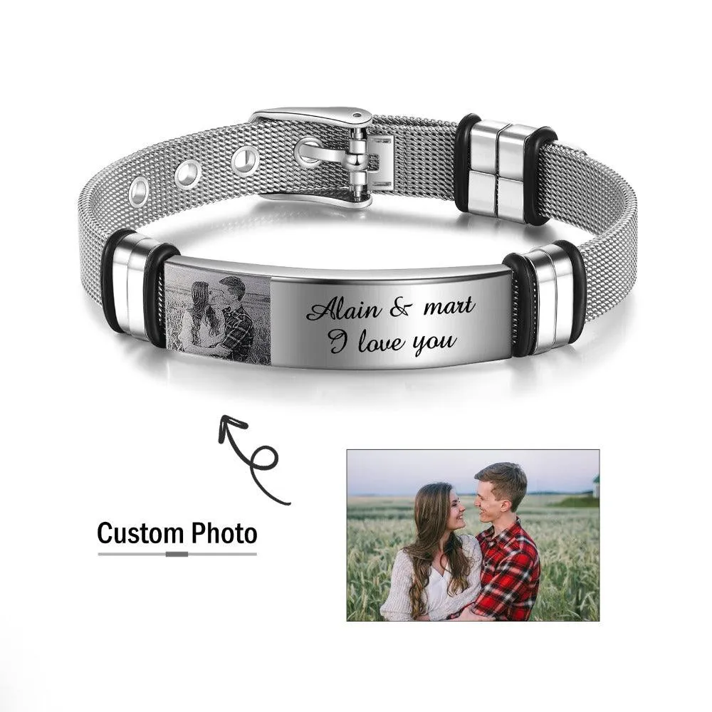 Personalized Adjustable Silver Stainless Steel Name Bracelet - 1 Custom Photo Phrase Date