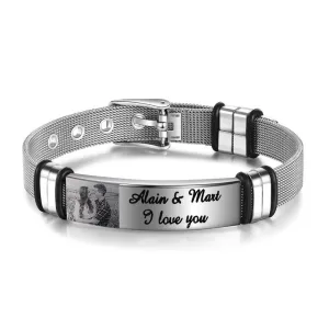 Personalized Adjustable Silver Stainless Steel Name Bracelet - 1 Custom Photo Phrase Date