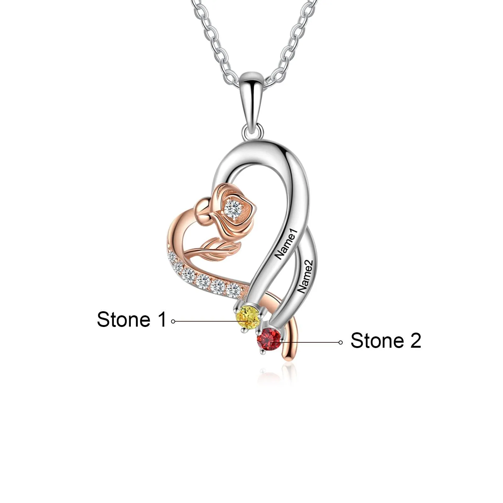 Personalized Sterling Rose Necklace - 1 Custom Name 2 Birthstones