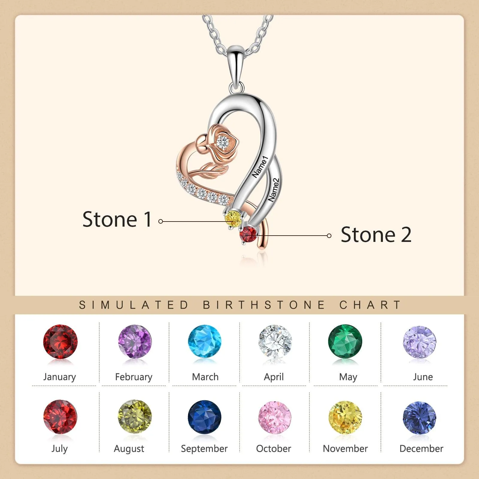 Personalized Sterling Rose Necklace - 1 Custom Name 2 Birthstones