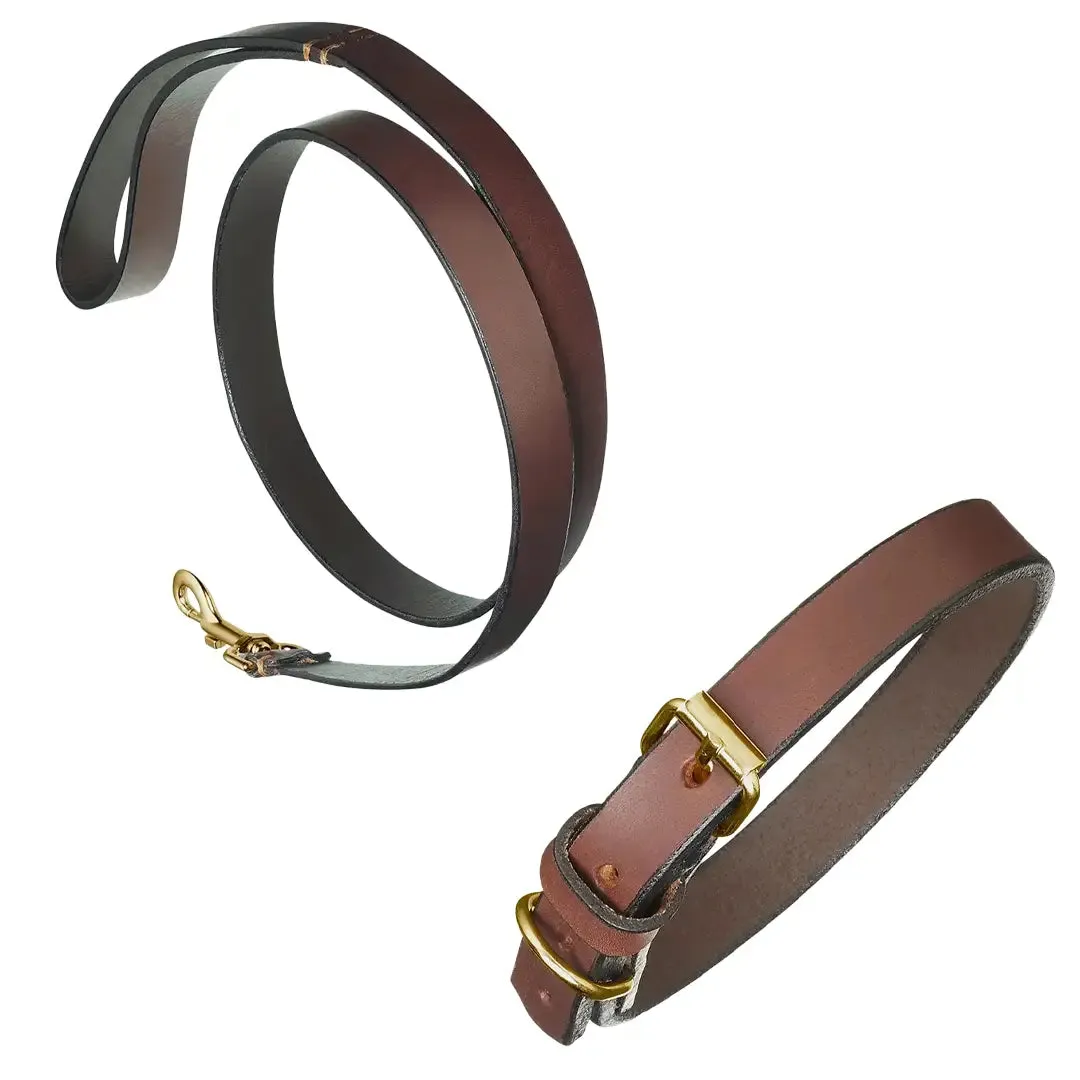 Plain Brown Leather Dog Collar & Lead by Pampeano