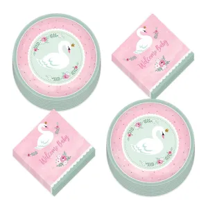 Pretty Pale Pink Swan Paper Dessert Plates and Beverage Napkins (Serves 16)