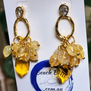 SUN DROPS - CITRINE POLISHED STONE & CITRINE BEADED STUD EARRINGS