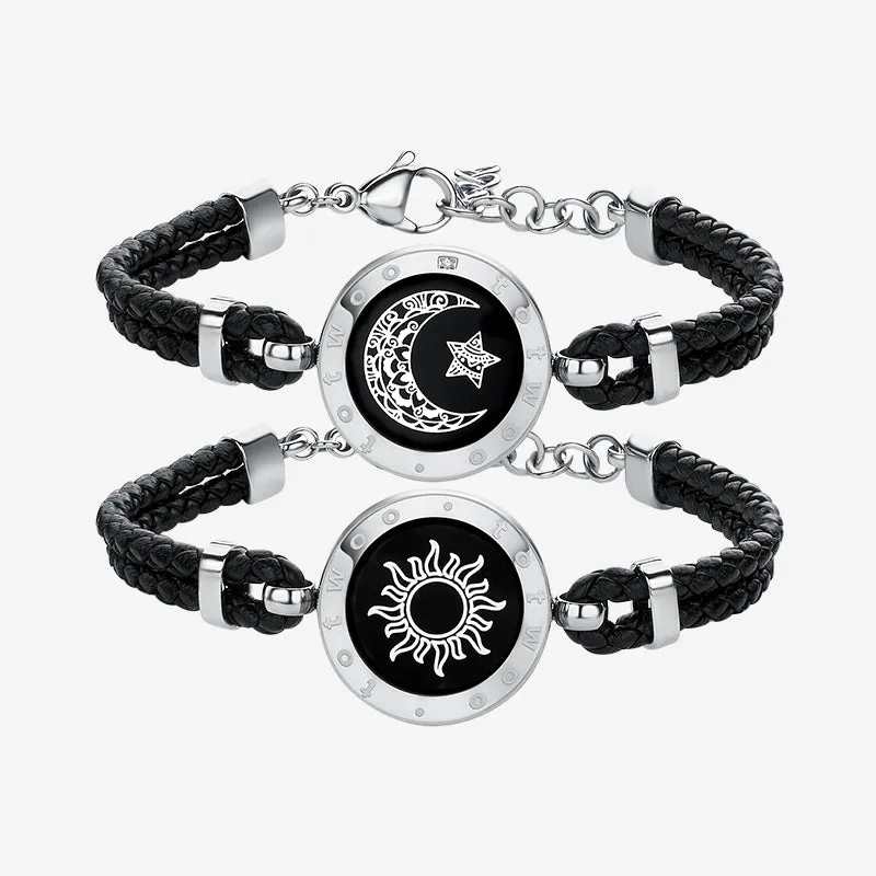 Sun & Moon Touch Bracelets with Braided Leather Rope, Black - Pair