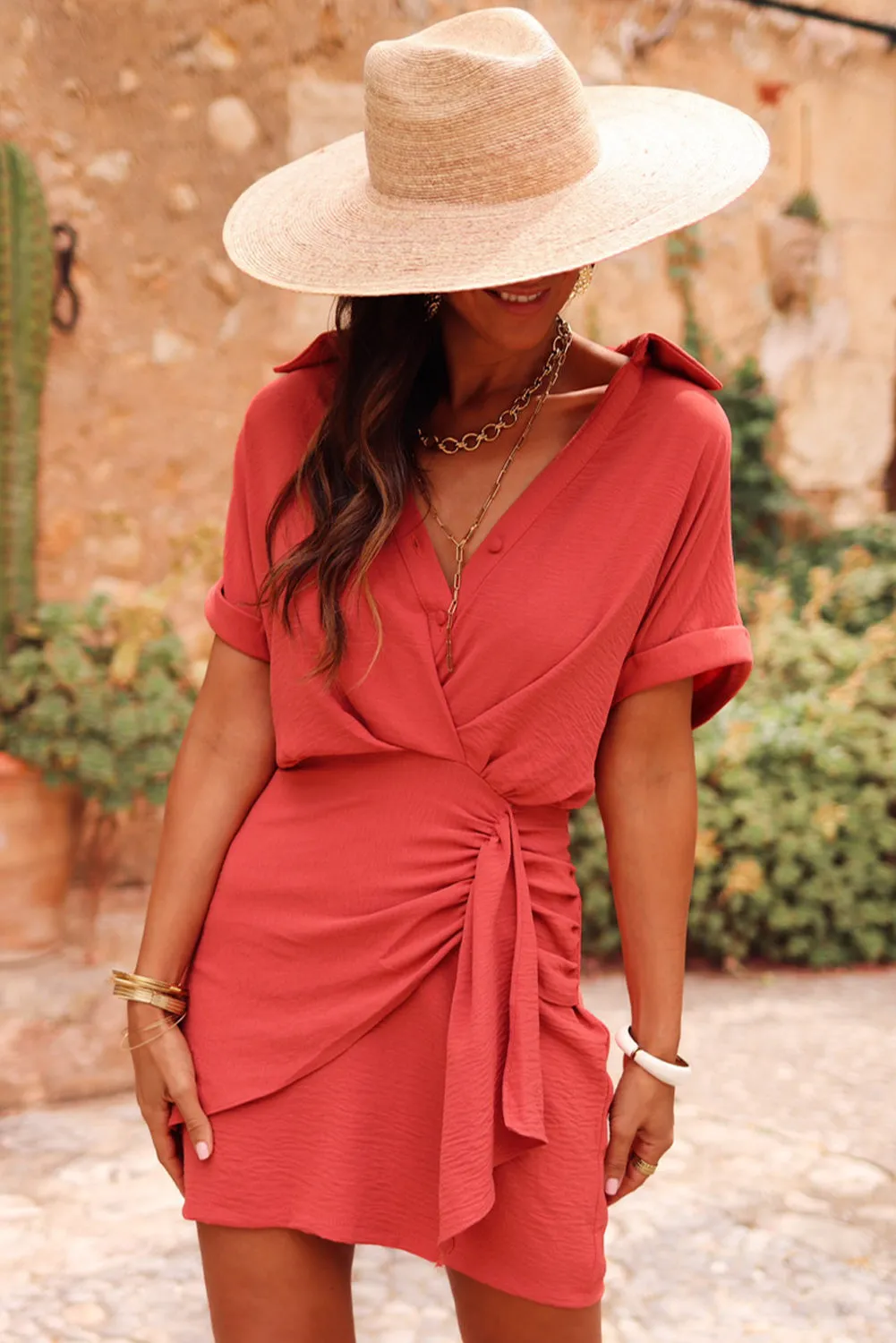 Wholesale Tomato Red Collared Buttoned Neckline Pleated Wrapped Mini Dress