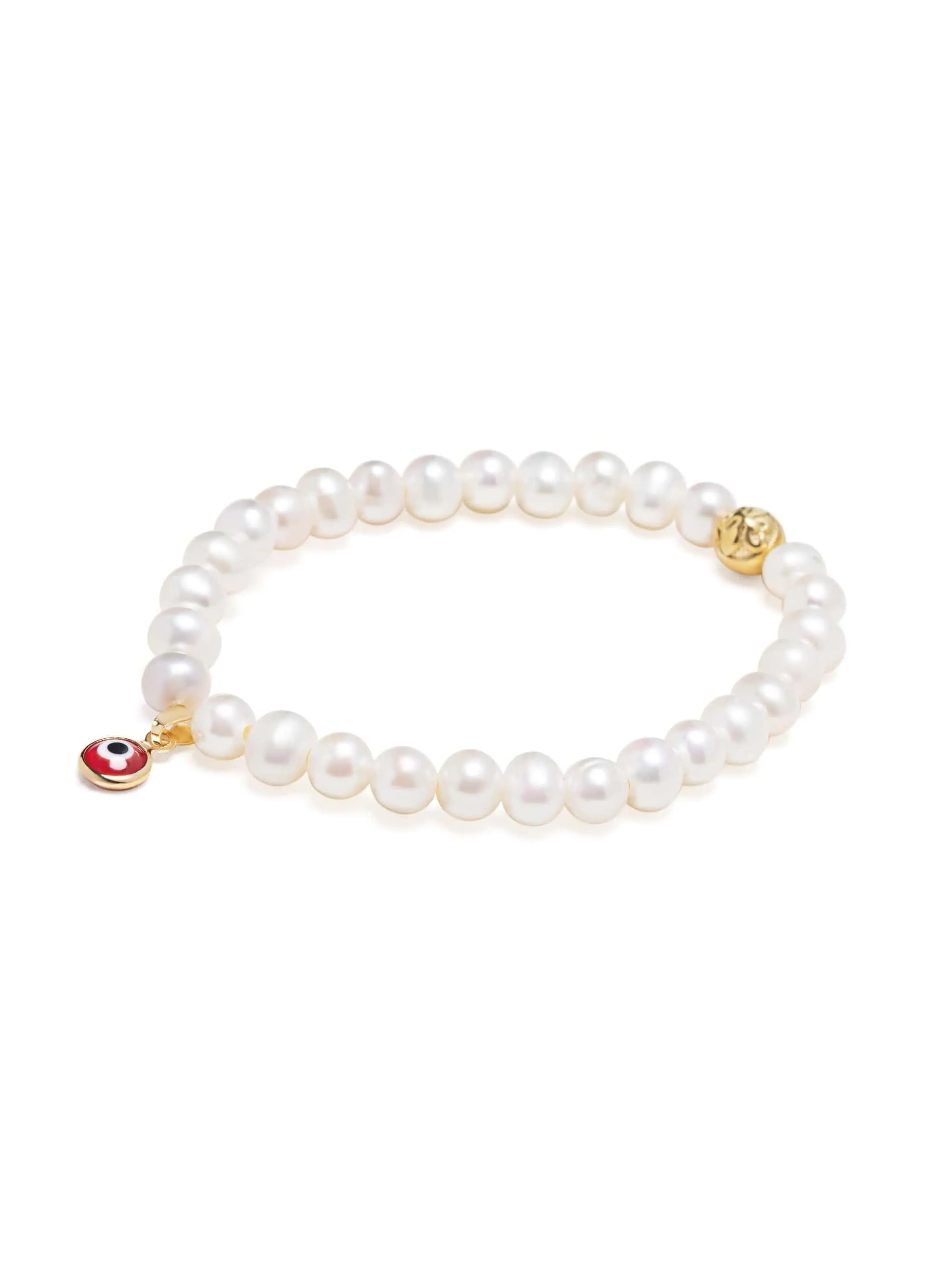 Wristband with White Pearls and Red Evil Eye Charm